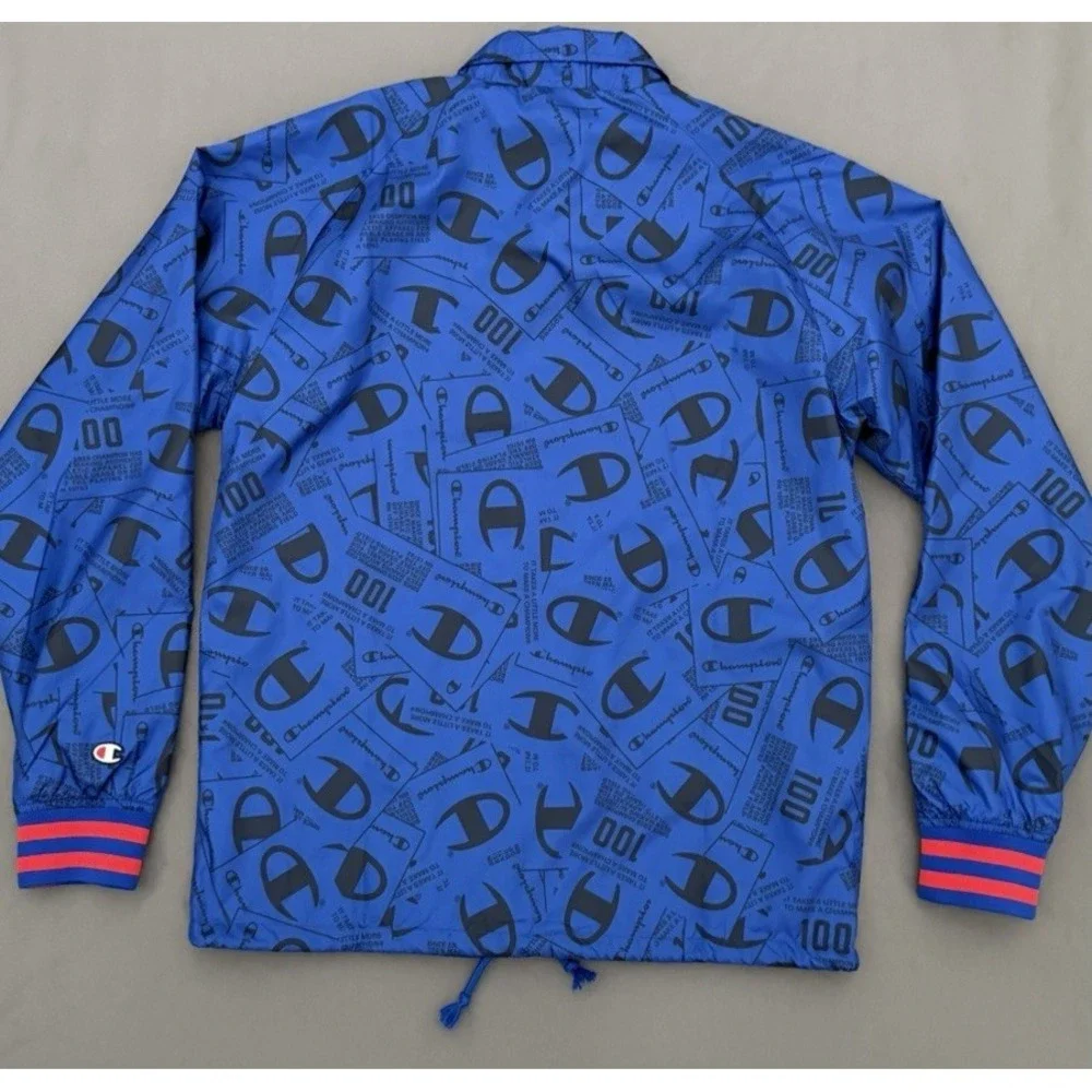 Vintage Champion Jacket Mens Medium Blue Long Sleeve Snap Logo All Over Print